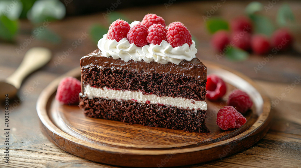 Rich Chocolate Cake Slice with Raspberries Rich Chocolate Cake Slice with Raspberries