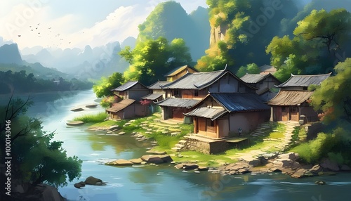 Whimsical painting of a tranquil village along a riverside in the enchanting rural landscapes of Asia photo