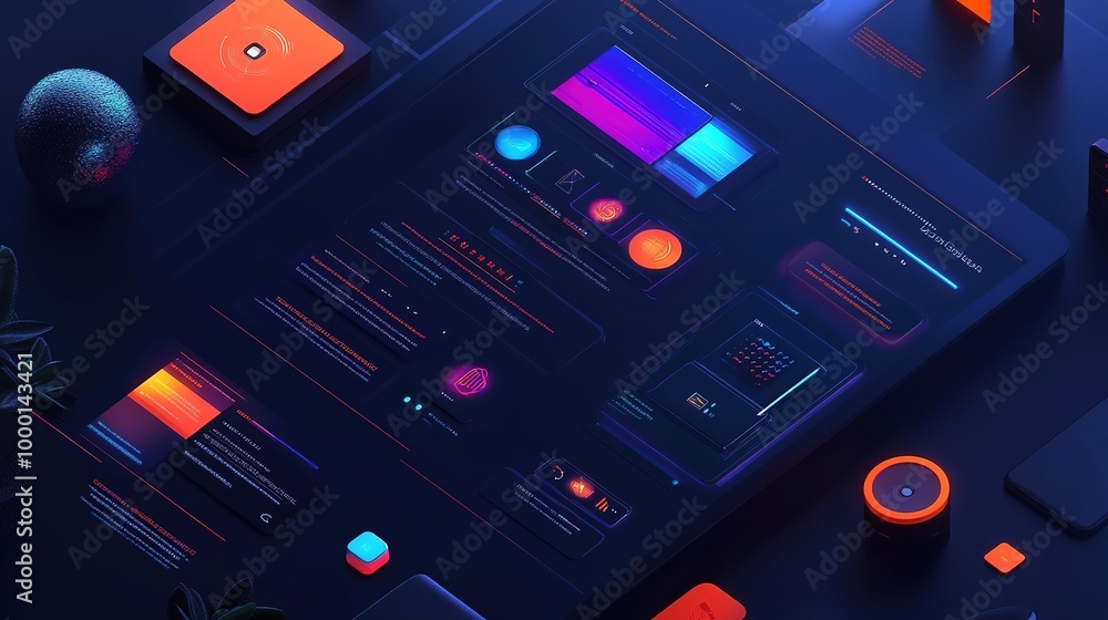 Futuristic digital interface design with vibrant colors showcasing data visualization and interactive elements in a dark environment