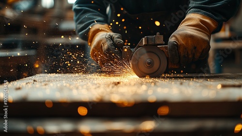 Close-up of a Worker Using a Circular Saw With Sparks Flying photo