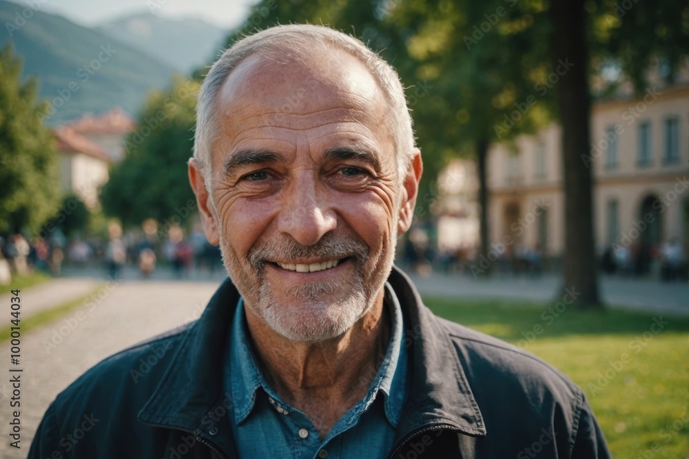 Close portrait of a smiling senior Montenegrin man looking at the camera, Montenegrin outdoors blurred background Close portrait of a smiling senior Montenegrin man looking at the camera, Montenegrin outdoors blurred background