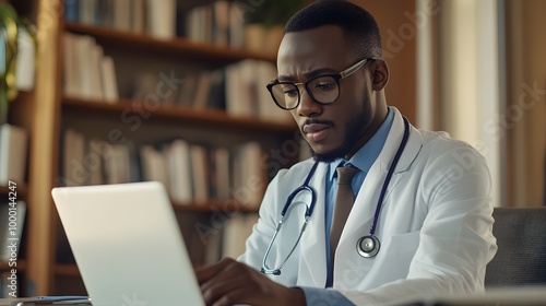 African American Male Doctor Examining Laptop in Medical Office