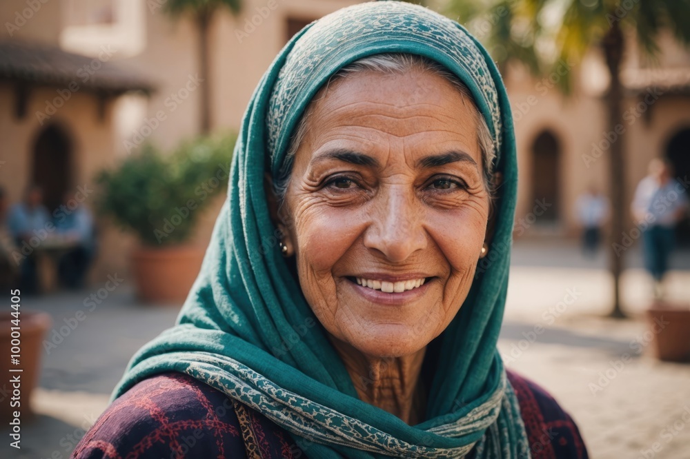 Close portrait of a smiling senior Moroccan woman looking at the camera, Moroccan outdoors blurred background Close portrait of a smiling senior Moroccan woman looking at the camera, Moroccan outdoors blurred background