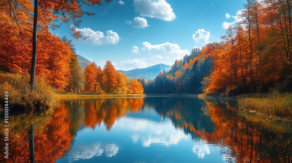 Obraz premium A tranquil autumn landscape reflecting vibrant colors on a serene lake surrounded by mountains