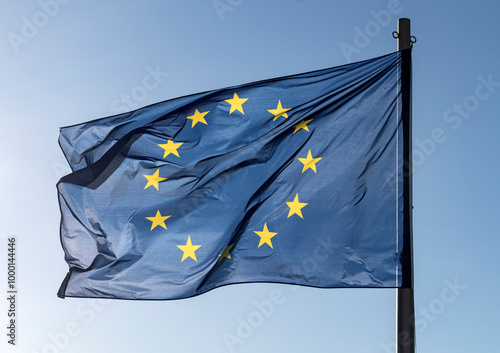 Flag of EU flying in the wind with a blue sky background...country, land, european, union, europe,