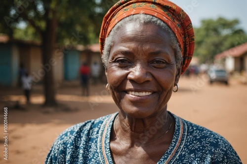 Close portrait of a smiling senior Mozambican woman looking at the camera, Mozambican outdoors blurred background