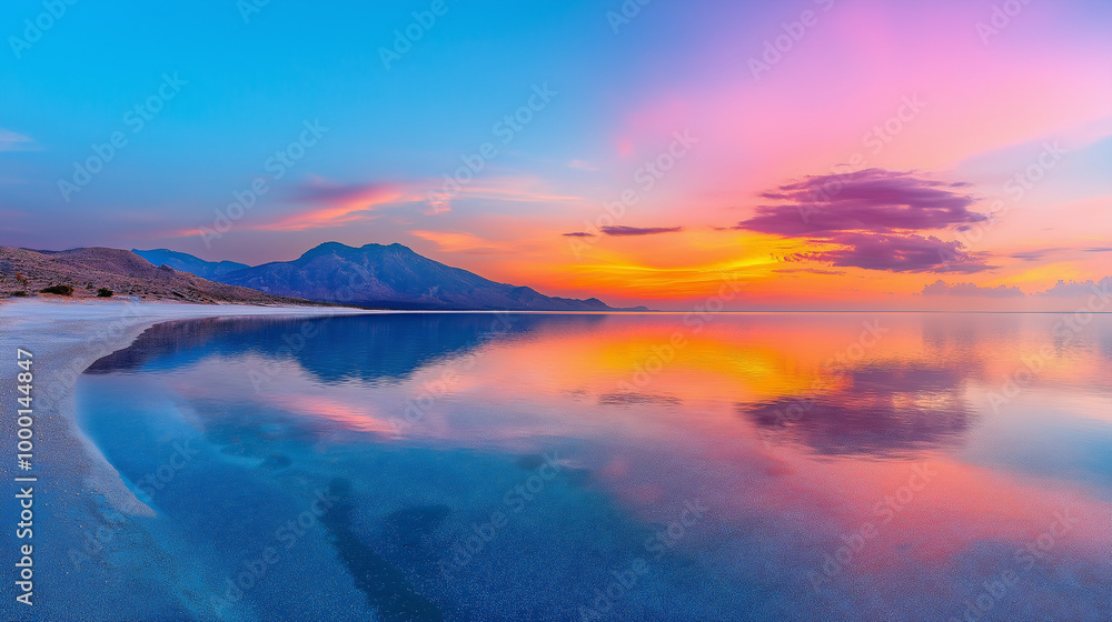 Desert Oasis at sunset, vibrant colors reflecting in the water Desert Oasis at sunset, vibrant colors reflecting in the water