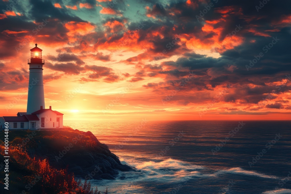A Beacon of Hope: Lighthouse Standing Tall Against a Dramatic Sunset A Beacon of Hope: Lighthouse Standing Tall Against a Dramatic Sunset