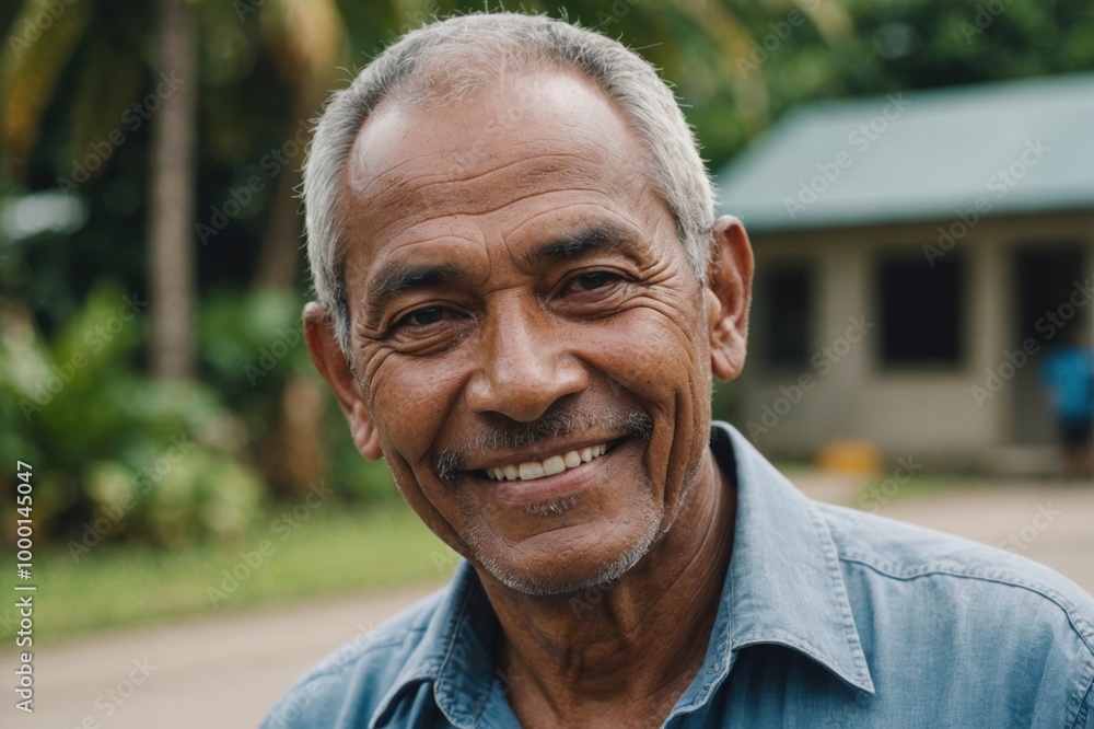 Close portrait of a smiling senior Nauruan man looking at the camera, Nauruan outdoors blurred background Close portrait of a smiling senior Nauruan man looking at the camera, Nauruan outdoors blurred background