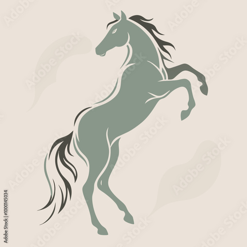a black and white silhouette of a horse rearing up on its hind legs. The horse appears to be in mid-stride,