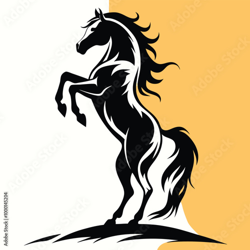 a black and white silhouette of a horse rearing up on its hind legs. The horse appears to be in mid-stride,