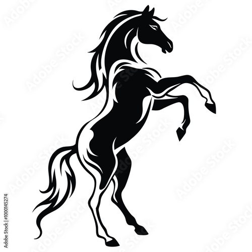 a black and white silhouette of a horse rearing up on its hind legs. The horse appears to be in mid-stride,