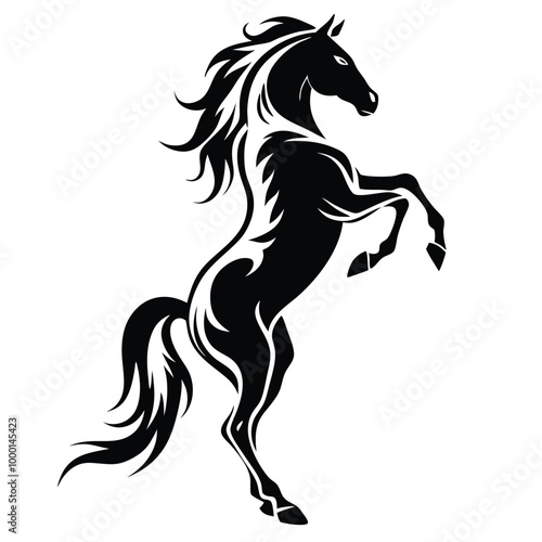 a black and white silhouette of a horse rearing up on its hind legs. The horse appears to be in mid-stride,