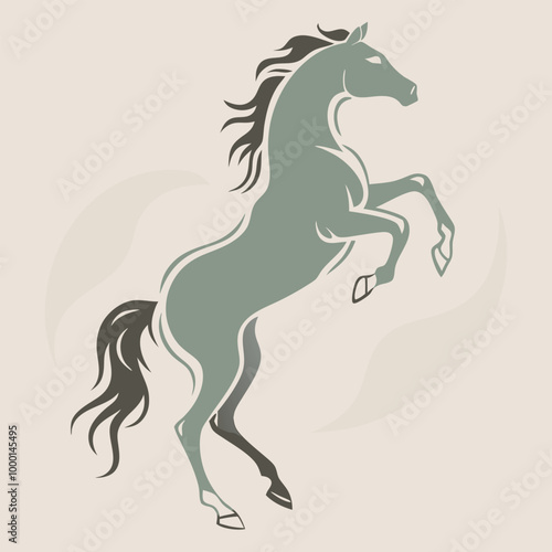 a black and white silhouette of a horse rearing up on its hind legs. The horse appears to be in mid-stride,
