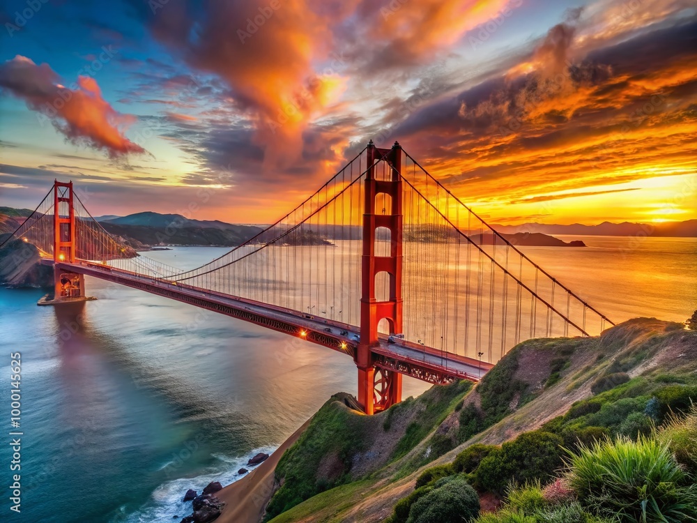 Obraz premium Majestic Golden Gate Bridge at Sunset with Vibrant Skies and Scenic Bay Views in San Francisco