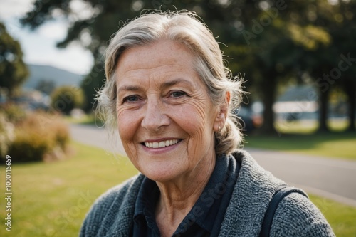 Close portrait of a smiling senior New Zealander woman looking at the camera, New Zealander outdoors blurred background photo