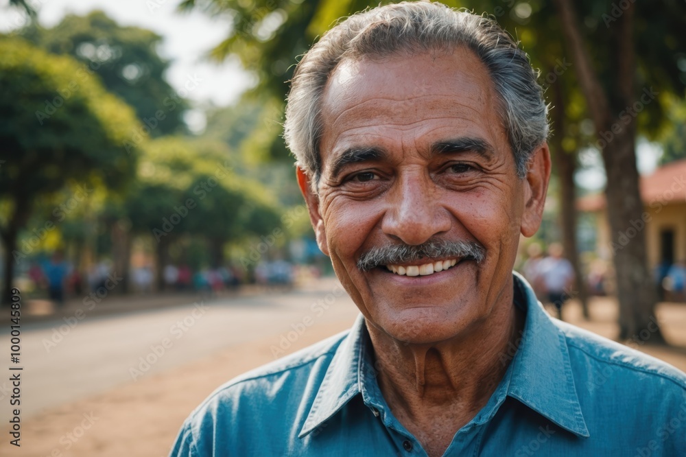 Close portrait of a smiling senior Nicaraguan man looking at the camera, Nicaraguan outdoors blurred background Close portrait of a smiling senior Nicaraguan man looking at the camera, Nicaraguan outdoors blurred background