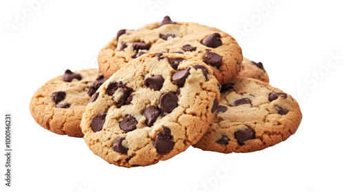 Freshly baked chocolate chip cookies stacked in a pile, solated on transparent background, PNG file