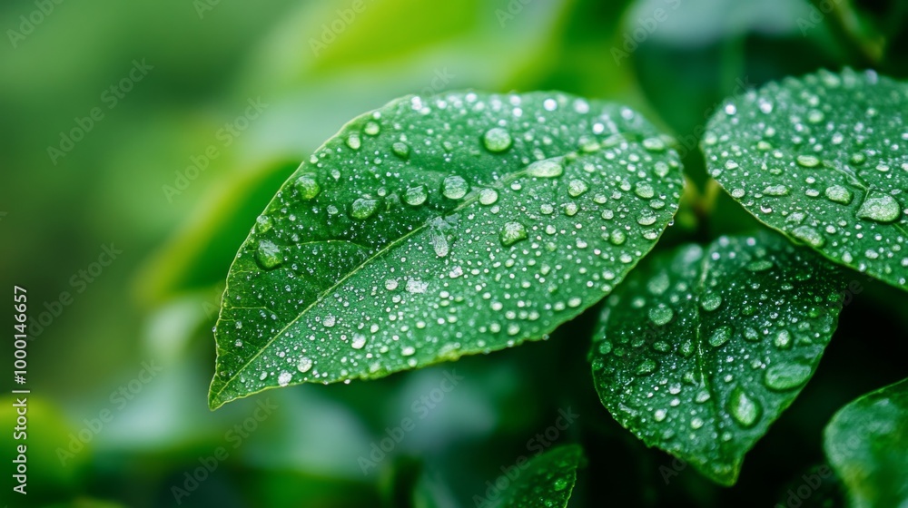 A close-up of vibrant green leaves with delicate dew drops clinging to their surface, glistening in the morning light against a blurred background. A close-up of vibrant green leaves with delicate dew drops clinging to their surface, glistening in the morning light against a blurred background.