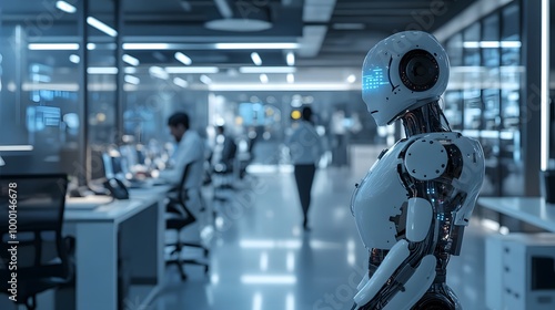 Futuristic Robot Working in Modern Corporate Office Space with Advanced Technology