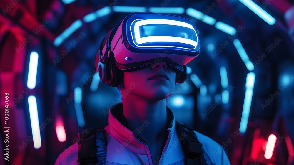 Futuristic VR Headset in Neon Cyberpunk-Inspired Environment Futuristic VR Headset in Neon Cyberpunk-Inspired Environment