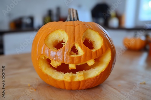 A carved pumpkin with a smiling face, often used for Halloween decorations. photo