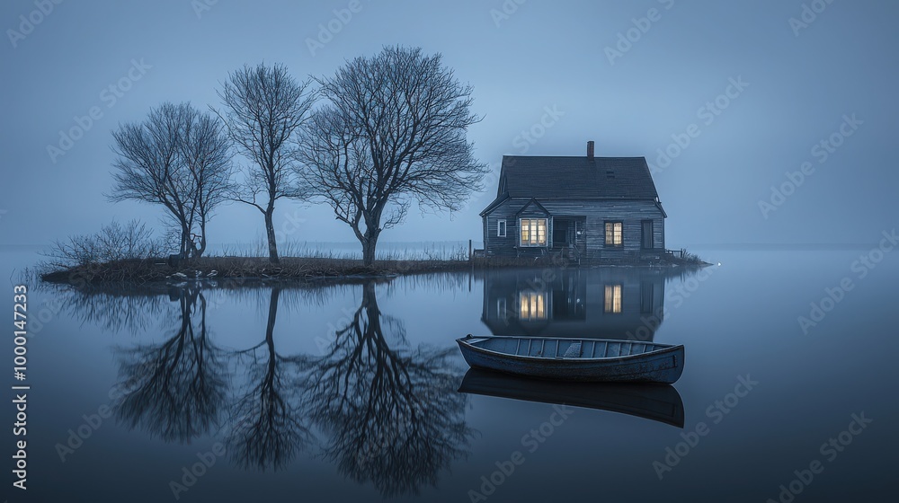 Fototapeta premium Isolated house on a misty lake at dusk