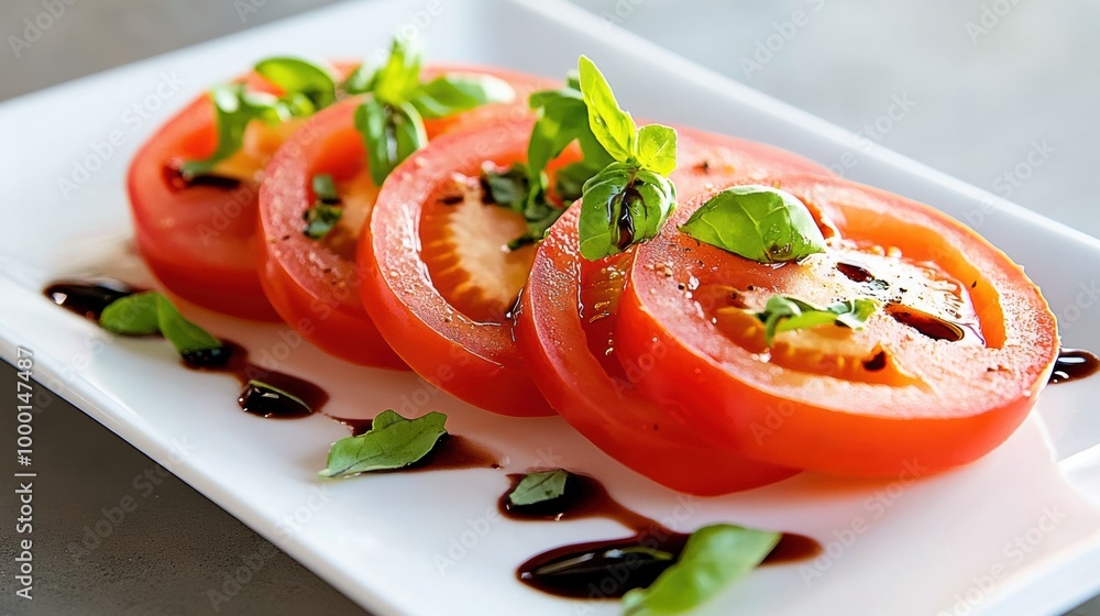 Colorful and Fresh Tomato and Basil Salad on a White Plate Colorful and Fresh Tomato and Basil Salad on a White Plate