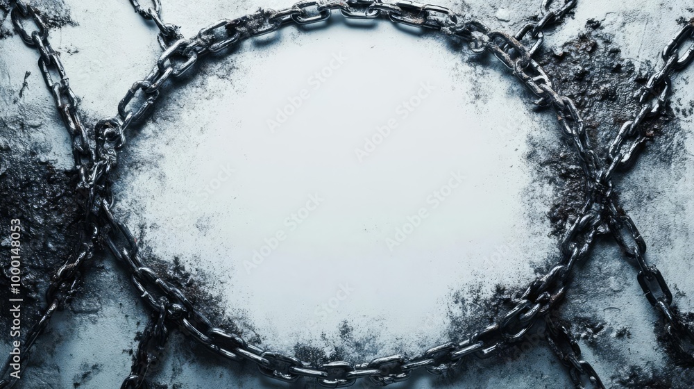 Rusty chains forming an oval shape on a dirty white surface, creating a grungy and industrial background. Rusty chains forming an oval shape on a dirty white surface, creating a grungy and industrial background.
