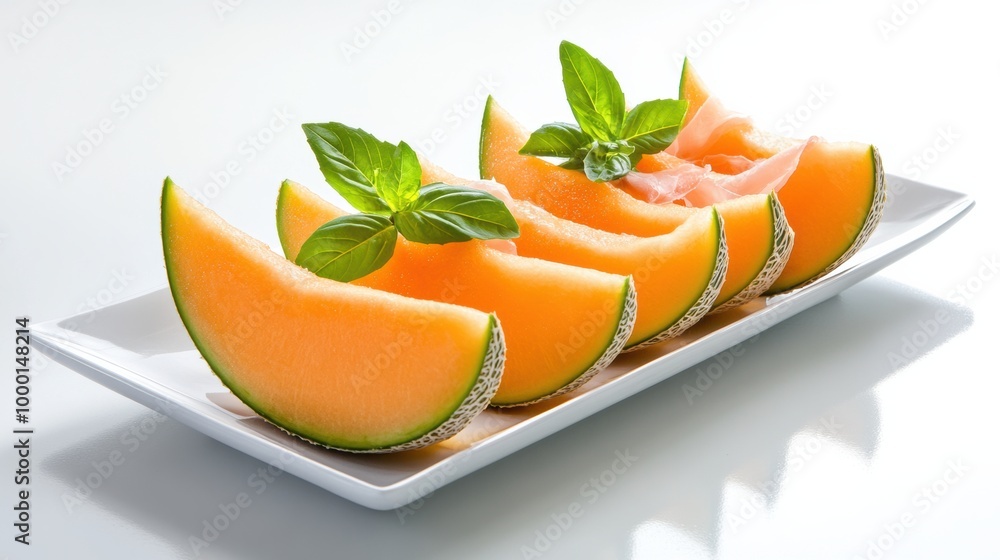 Freshly Sliced Cantaloupe Melon with Green Leaves on White Background Freshly Sliced Cantaloupe Melon with Green Leaves on White Background