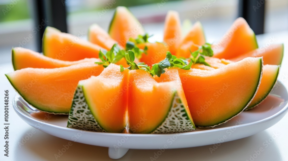 Fresh and Vibrant Sliced Cantaloupe Melon on White Plate Fresh and Vibrant Sliced Cantaloupe Melon on White Plate