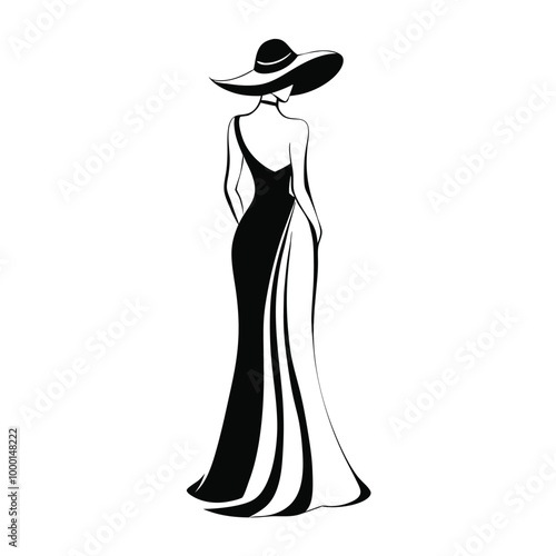 black and white line drawing of a woman wearing a long, flowing dress and a large hat 