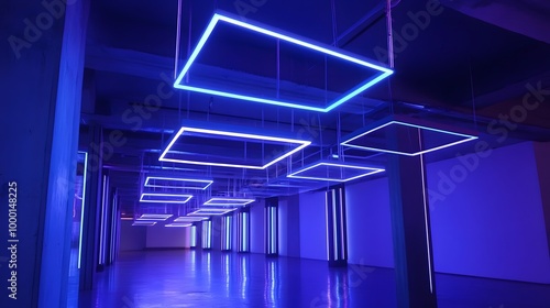 Luminous Geometric Corridor with Neon Lighting Instillation in Modern Interior Design photo