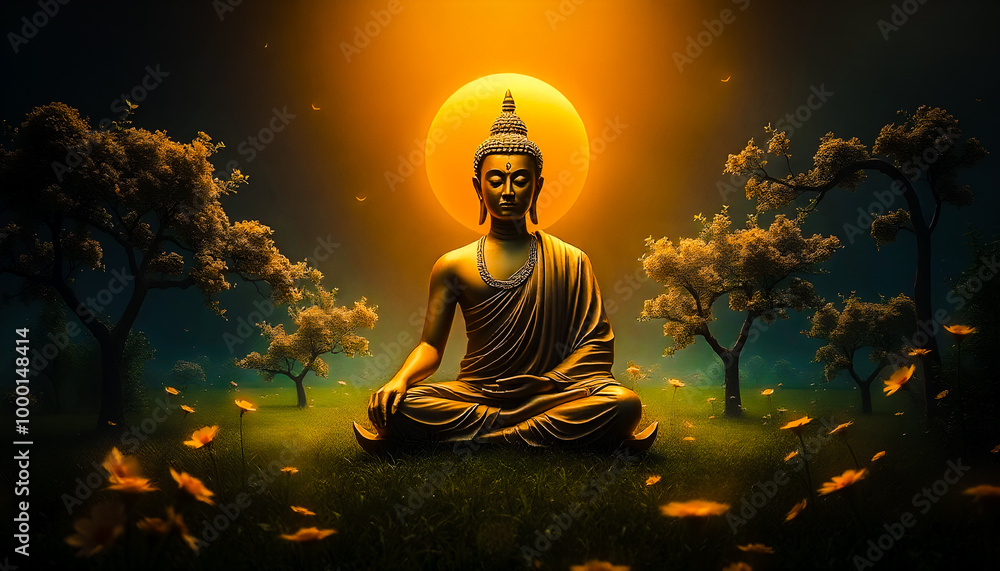 statue meditating in a fantasy setting, sitting in meditation position amidst a serene golden landscape. His figure radiates peace and tranquility, surrounded by an intense aura of shining gold statue meditating in a fantasy setting, sitting in meditation position amidst a serene golden landscape. His figure radiates peace and tranquility, surrounded by an intense aura of shining gold