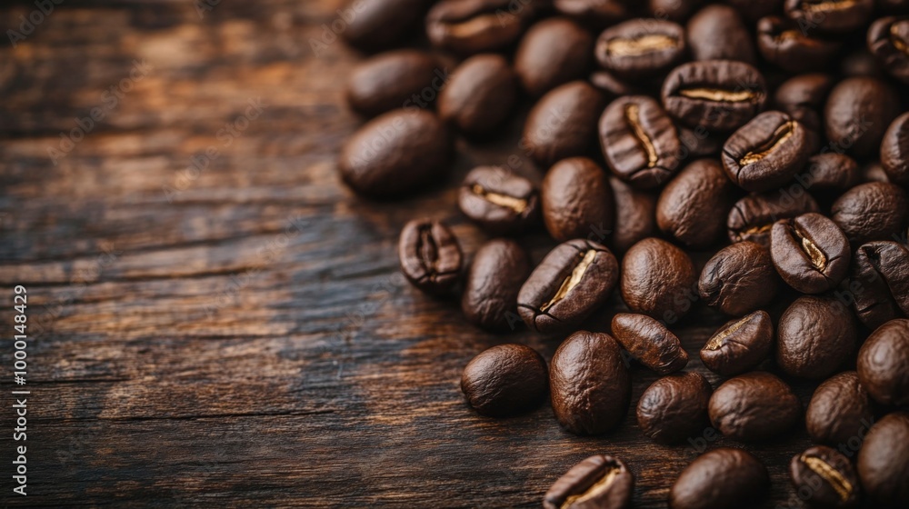 A close-up shot of freshly roasted coffee beans scattered on a wooden table, highlighting their rich texture and deep brown color, inviting coffee lovers to indulge. A close-up shot of freshly roasted coffee beans scattered on a wooden table, highlighting their rich texture and deep brown color, inviting coffee lovers to indulge.