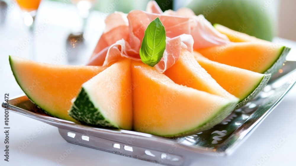 Fresh Sliced Cantaloupe Melon on Plate with Leaf Garnish Fresh Sliced Cantaloupe Melon on Plate with Leaf Garnish