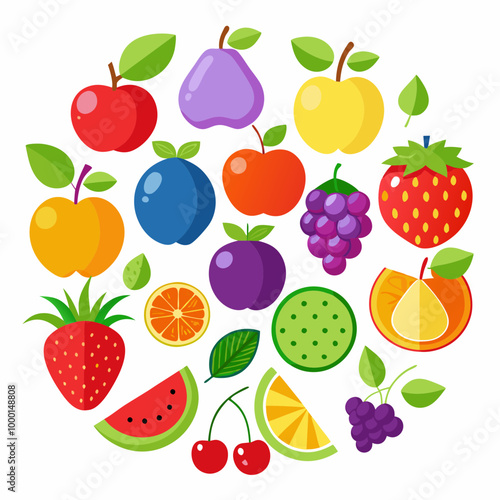 A picture of fruits and vegetables with a picture of a fruit on it . Flat fruits icons set. Colorful flat design concepts for web banners VECTOR