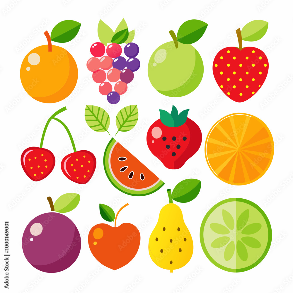 A picture of fruits and vegetables with a picture of a fruit on it . Flat fruits icons set. Colorful flat design concepts for web banners VECTOR A picture of fruits and vegetables with a picture of a fruit on it . Flat fruits icons set. Colorful flat design concepts for web banners VECTOR
