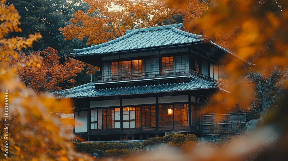 Traditional Japanese House with Autumn Foliage Traditional Japanese House with Autumn Foliage