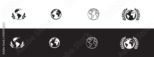 Simplified Black and White Earth Icon with Laurel Wreath Design