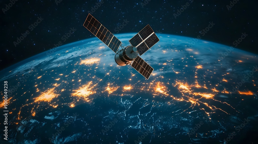Satellite Orbiting Planet Earth at Night with Glowing City Lights Below Satellite Orbiting Planet Earth at Night with Glowing City Lights Below