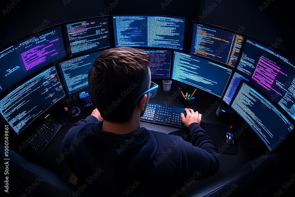 Hacker coding ransomware in a dark room filled with screens, where ...