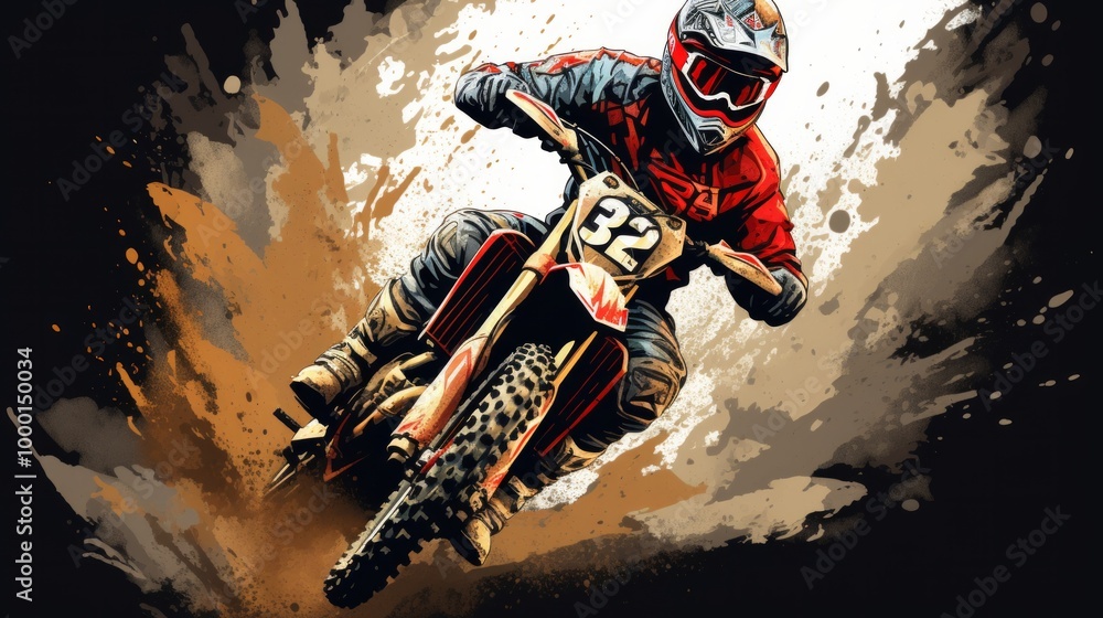 Motocross pilot in a turn during sunset with golden smoke on dirt track. Neural network ai generated art Motocross pilot in a turn during sunset with golden smoke on dirt track. Neural network ai generated art