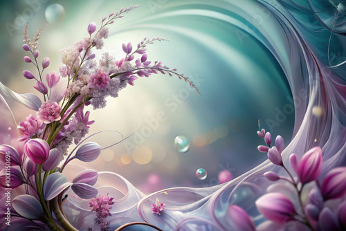 A vibrant tapestry of mystical flowers and ethereal colors swirling in harmony under soft, enchanting light. Generative AI