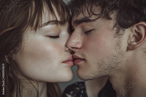 A romantic moment between two people sharing a kiss.