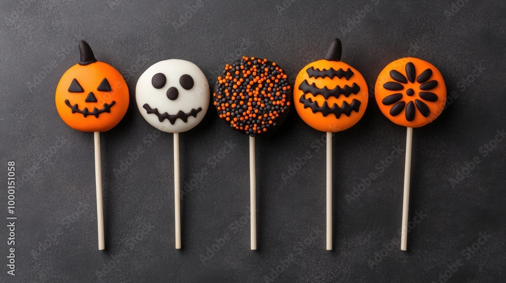Colorful Halloween-themed cake pops on sticks, perfect for festive celebrations. Colorful Halloween-themed cake pops on sticks, perfect for festive celebrations.