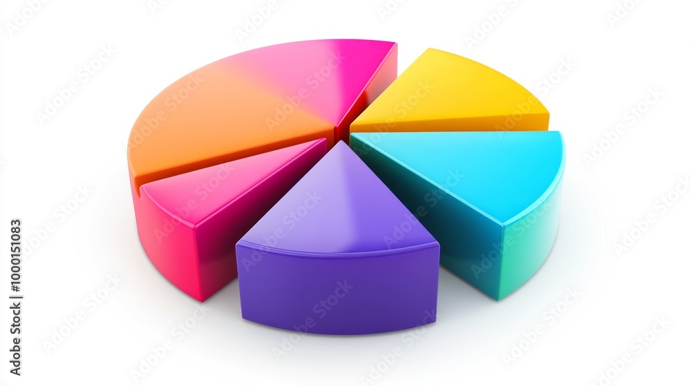 Obraz premium A colorful financial pie chart showing market shares, with labeled sections representing stocks, bonds, and investments, displayed on a white background with clean lines.