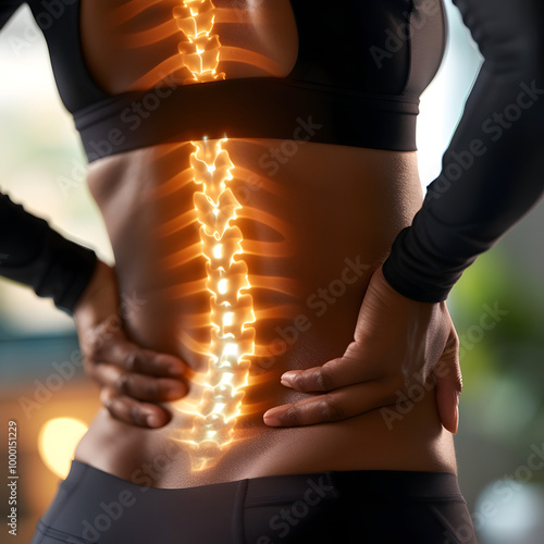 A person in athletic wear holding their lower back with a glowing illustration of the spine highlighting the lumbar region.