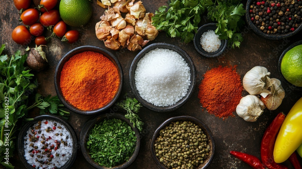 A colorful flat lay of various spices and salts in decorative bowls, surrounded by fresh vegetables and herbs, showcasing the beauty of culinary ingredients. A colorful flat lay of various spices and salts in decorative bowls, surrounded by fresh vegetables and herbs, showcasing the beauty of culinary ingredients.