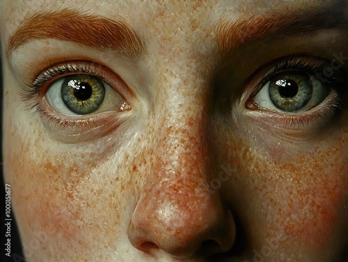 Close-Up Portrait of a Woman with Freckles and Green Eyes